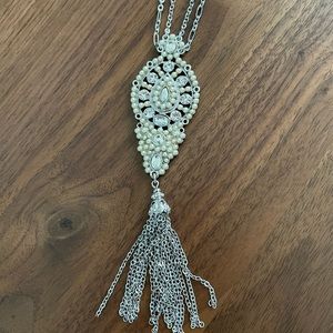 Gorgeous long tassel necklace with pearls and crystals. A statement piece!